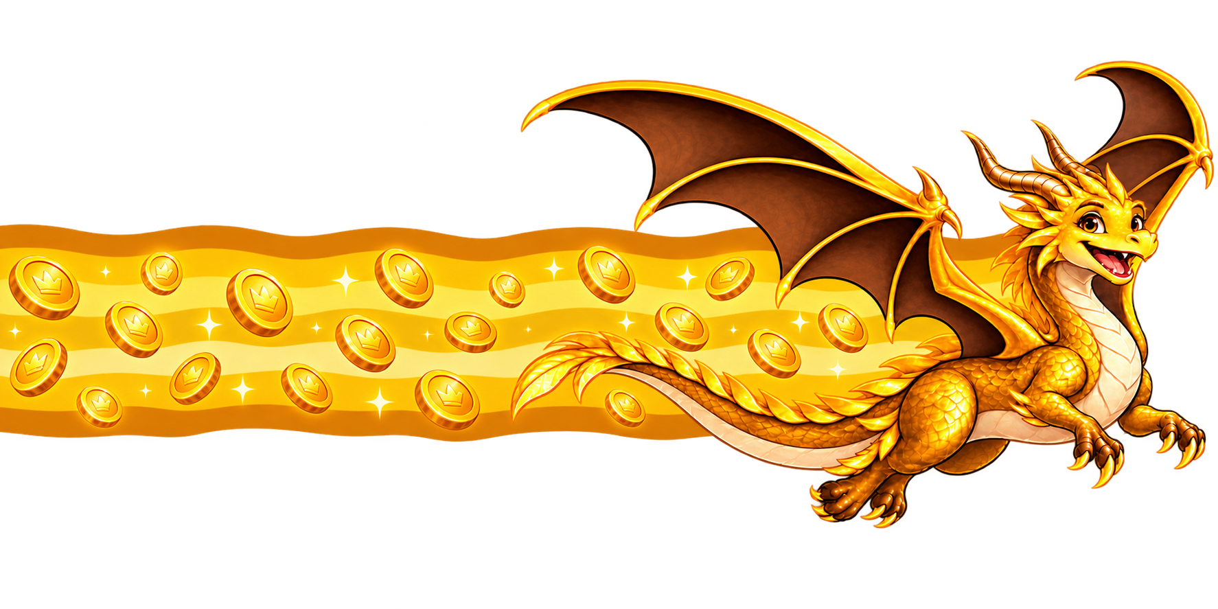 Dragão dourado sorridente voando e com uma faixa contínua dourada com moedas de ouro acompanhando o voo